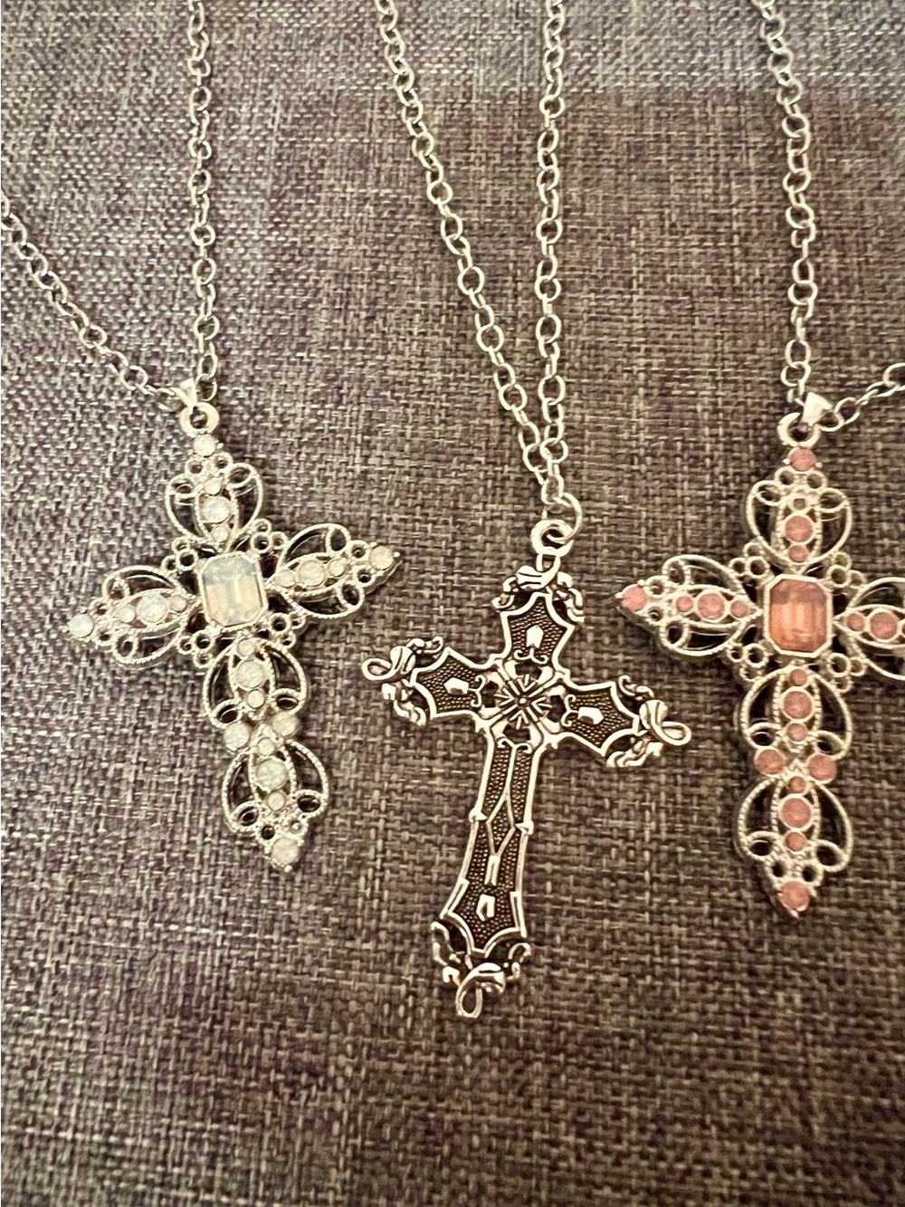 3 Piece Gothic Cross Pendant Necklaces w/  Pink & White Crystal Gemstones